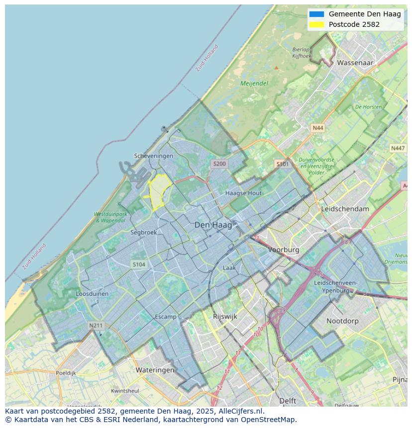Afbeelding van het postcodegebied 2582 op de kaart.