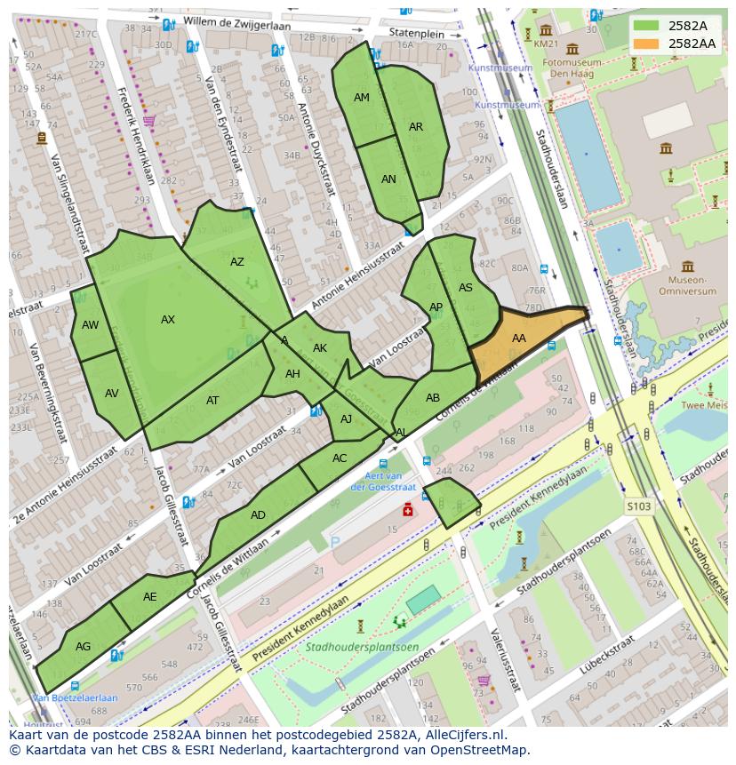 Afbeelding van het postcodegebied 2582 AA op de kaart.