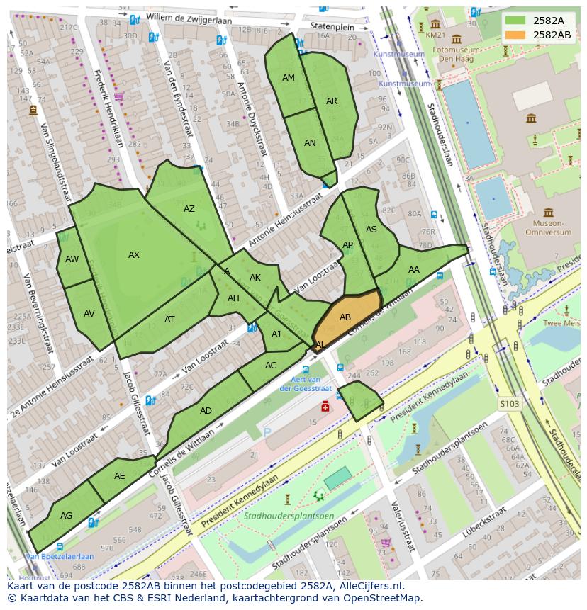 Afbeelding van het postcodegebied 2582 AB op de kaart.