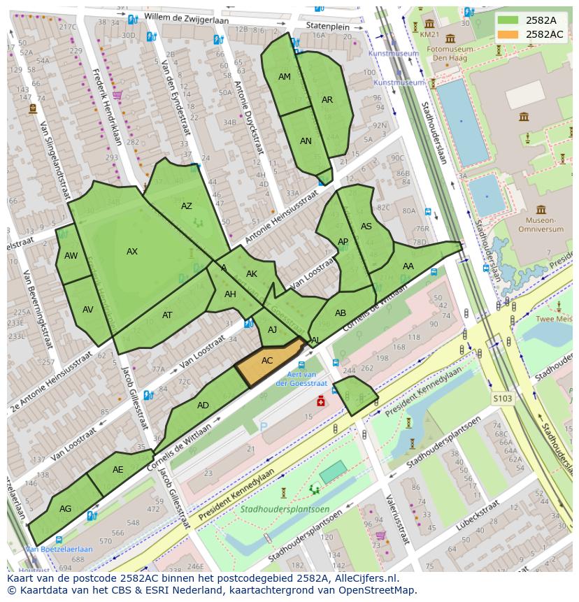 Afbeelding van het postcodegebied 2582 AC op de kaart.