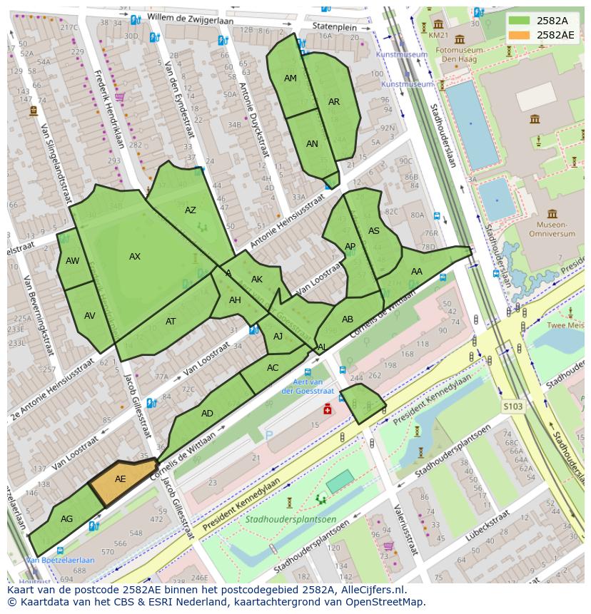 Afbeelding van het postcodegebied 2582 AE op de kaart.