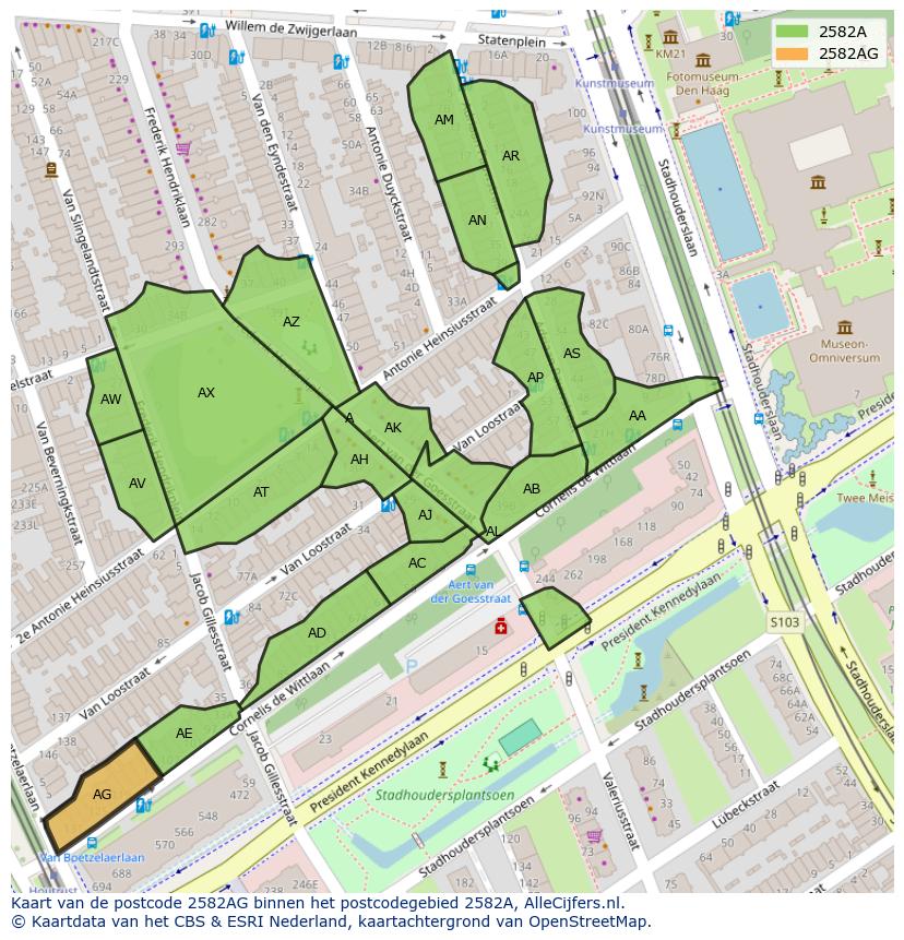 Afbeelding van het postcodegebied 2582 AG op de kaart.