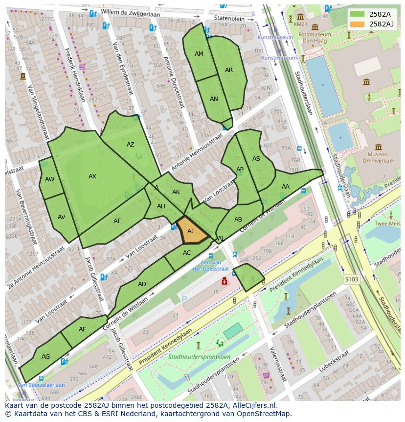 Afbeelding van het postcodegebied 2582 AJ op de kaart.
