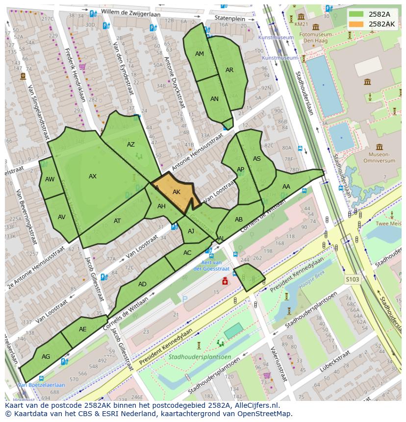 Afbeelding van het postcodegebied 2582 AK op de kaart.