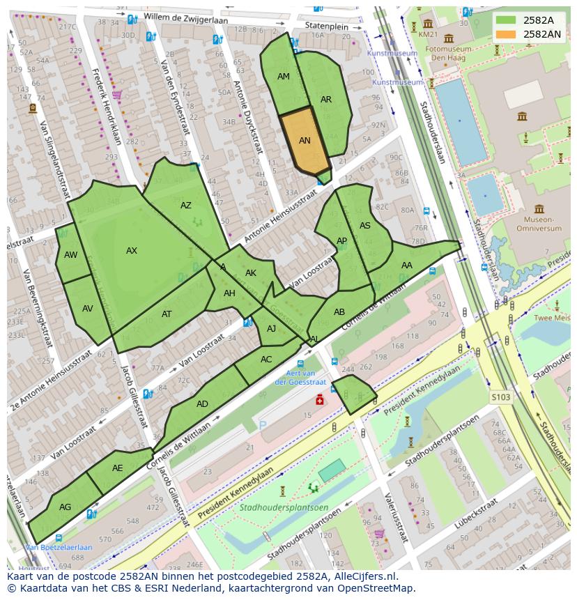 Afbeelding van het postcodegebied 2582 AN op de kaart.