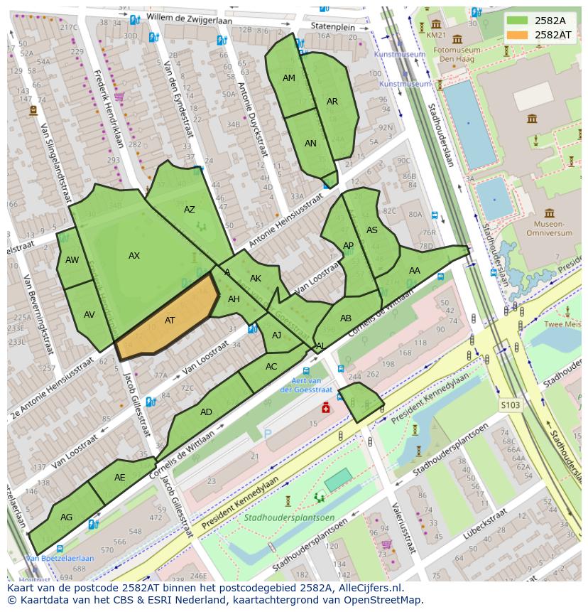 Afbeelding van het postcodegebied 2582 AT op de kaart.