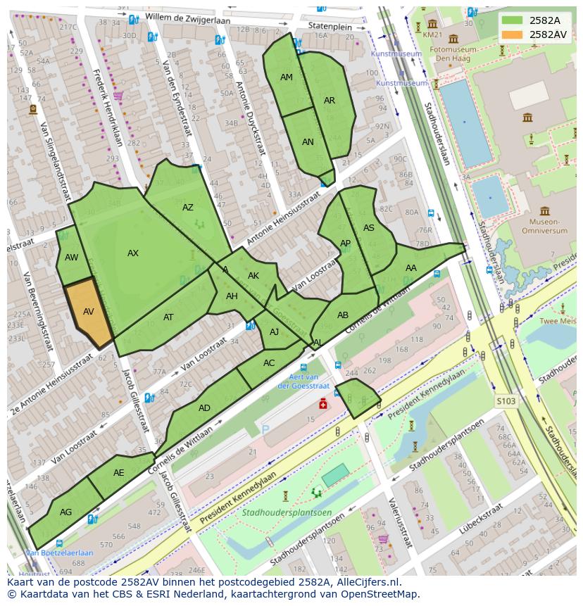 Afbeelding van het postcodegebied 2582 AV op de kaart.