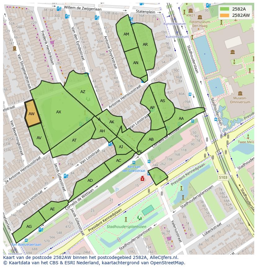 Afbeelding van het postcodegebied 2582 AW op de kaart.