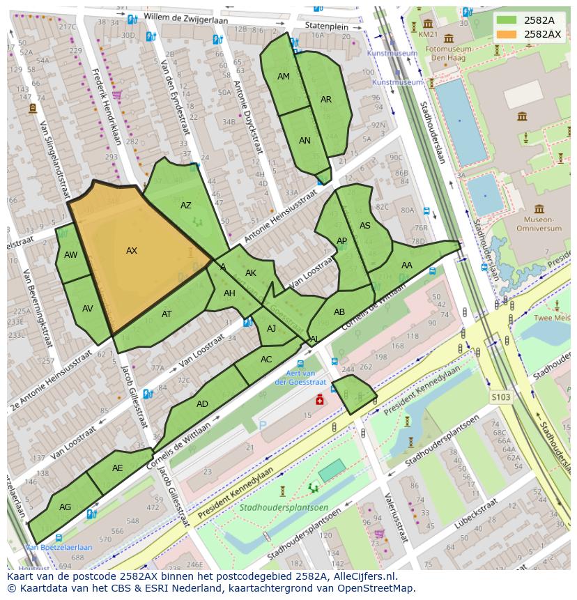 Afbeelding van het postcodegebied 2582 AX op de kaart.