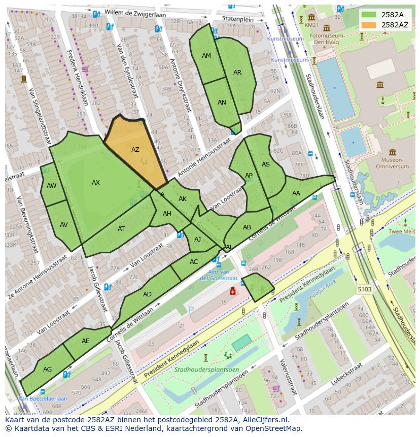 Afbeelding van het postcodegebied 2582 AZ op de kaart.