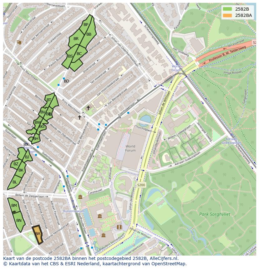 Afbeelding van het postcodegebied 2582 BA op de kaart.