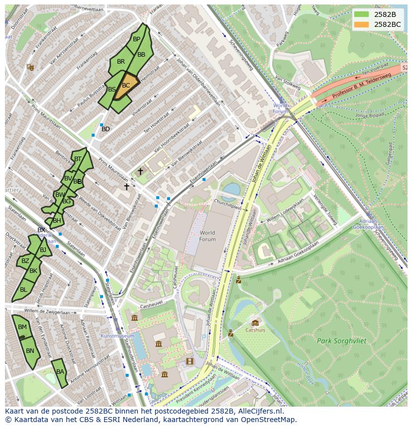 Afbeelding van het postcodegebied 2582 BC op de kaart.
