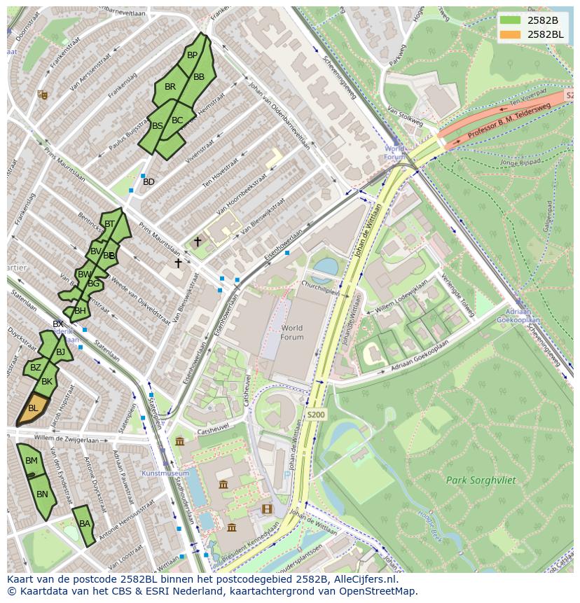 Afbeelding van het postcodegebied 2582 BL op de kaart.