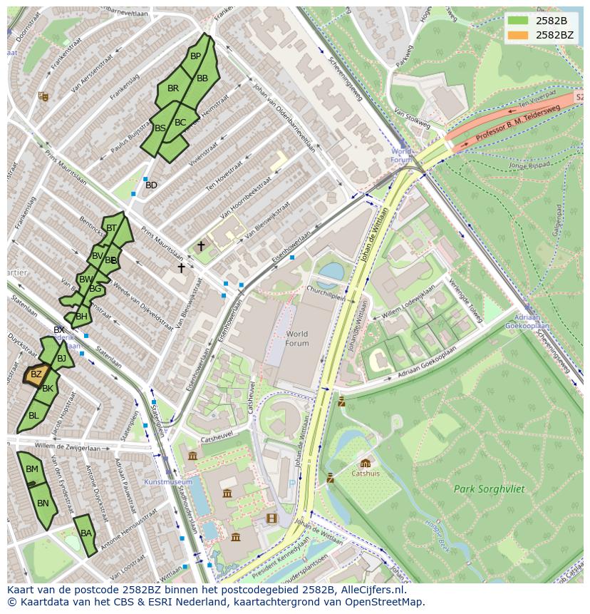 Afbeelding van het postcodegebied 2582 BZ op de kaart.