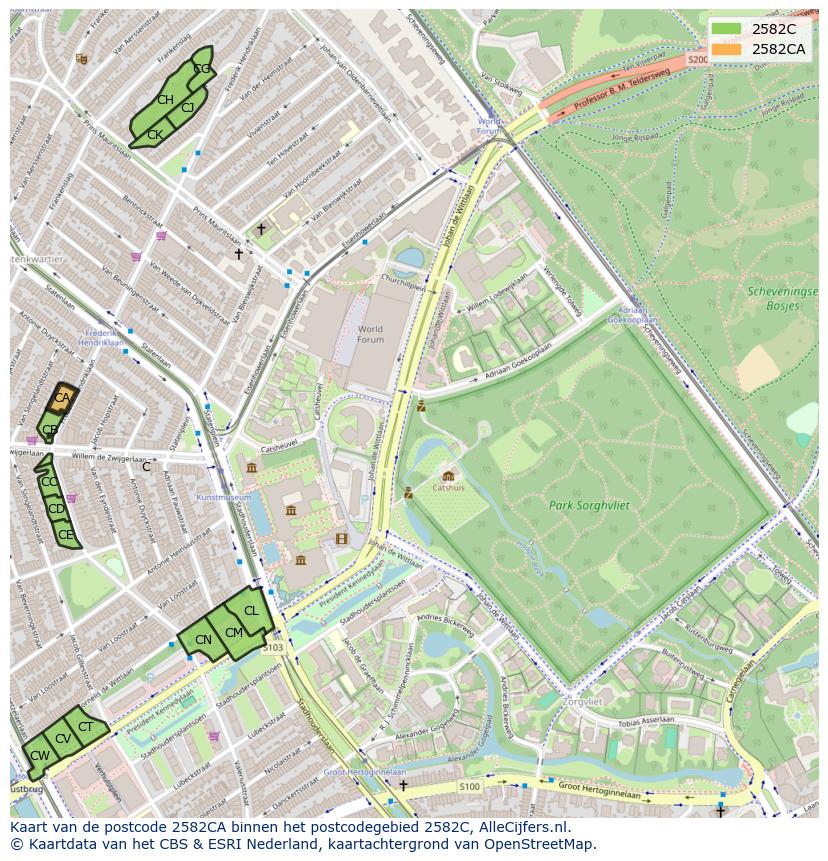 Afbeelding van het postcodegebied 2582 CA op de kaart.