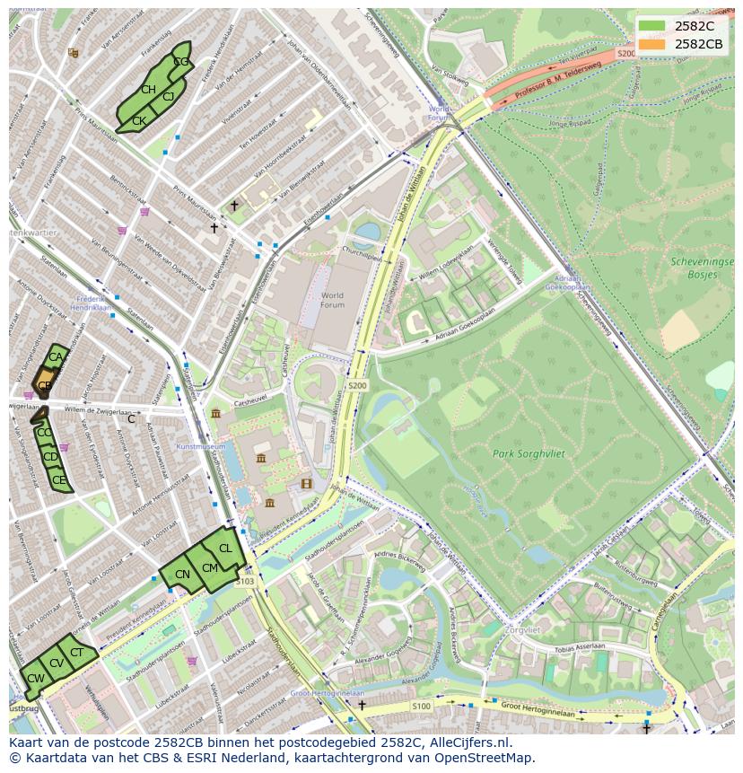 Afbeelding van het postcodegebied 2582 CB op de kaart.