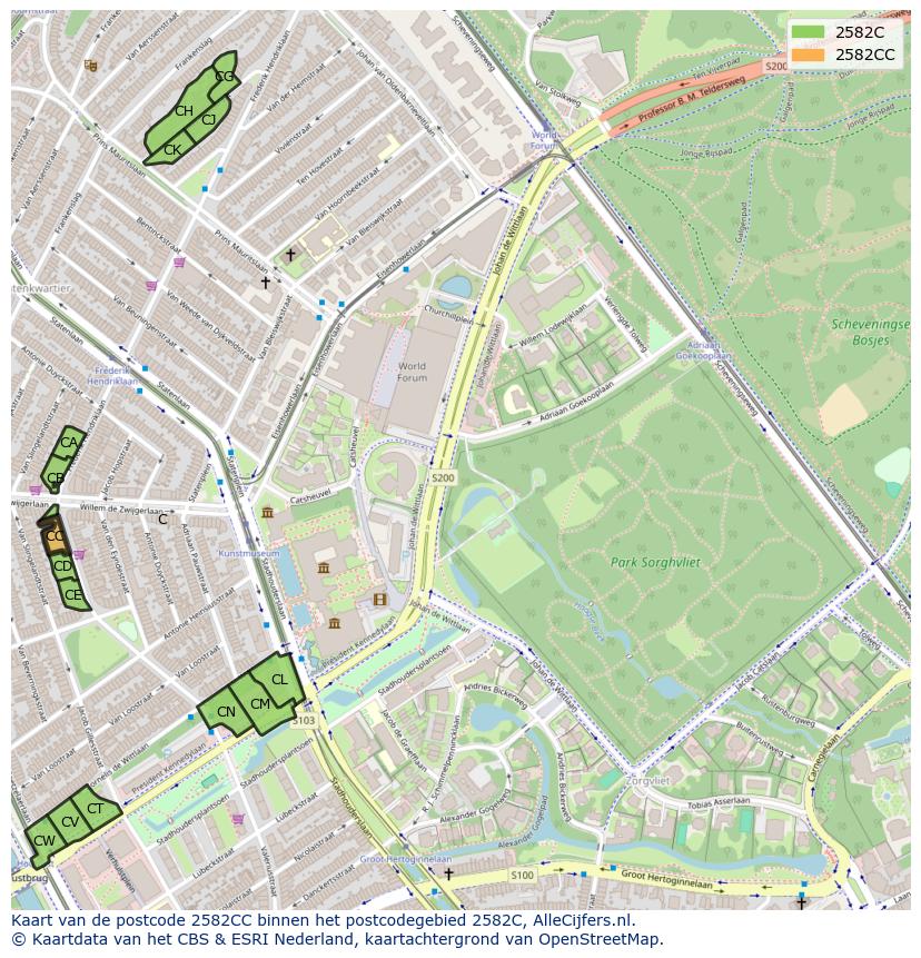 Afbeelding van het postcodegebied 2582 CC op de kaart.