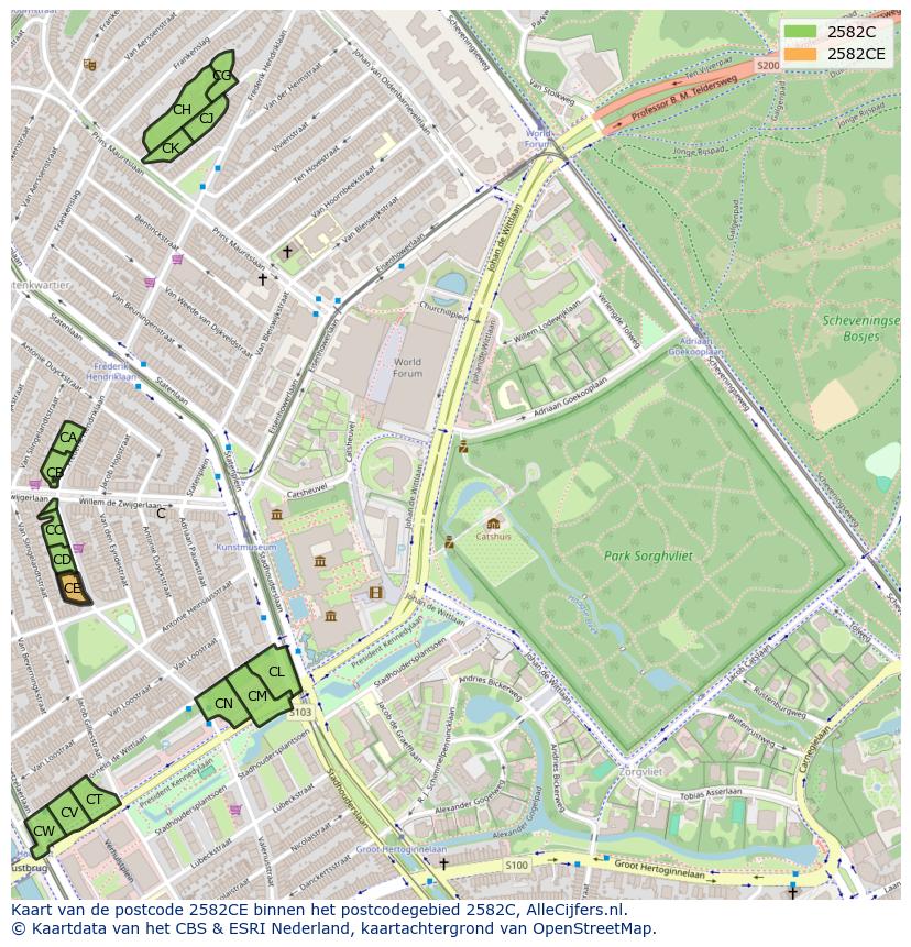 Afbeelding van het postcodegebied 2582 CE op de kaart.