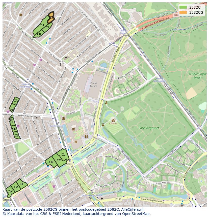 Afbeelding van het postcodegebied 2582 CG op de kaart.