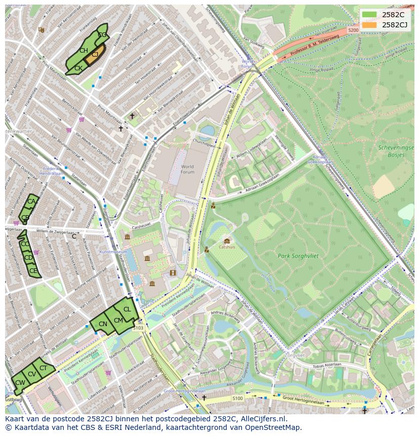 Afbeelding van het postcodegebied 2582 CJ op de kaart.
