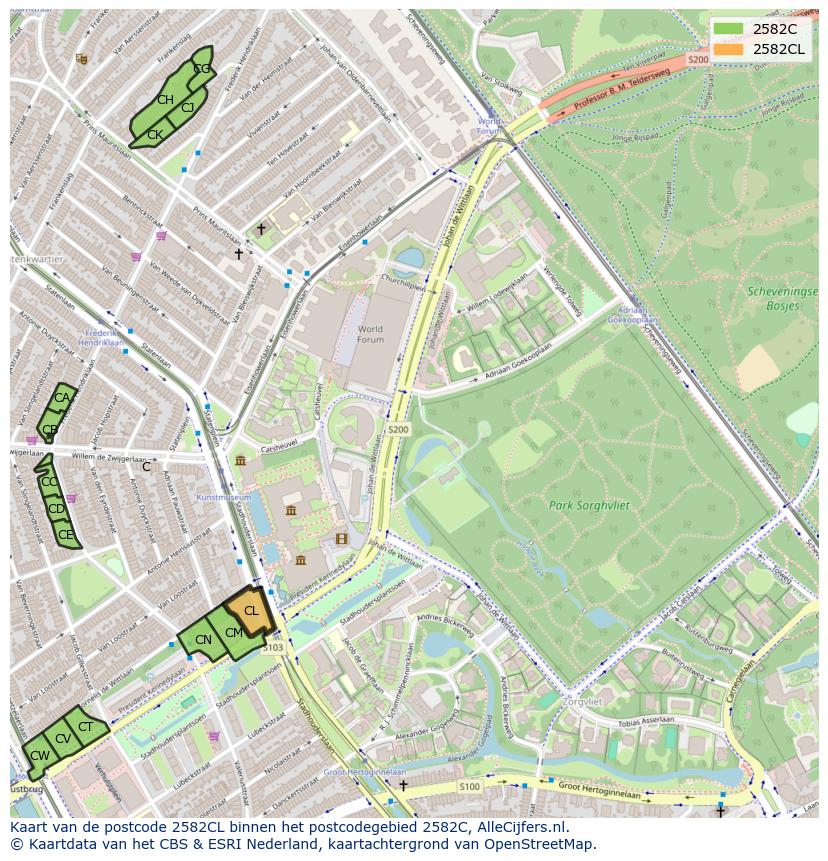 Afbeelding van het postcodegebied 2582 CL op de kaart.