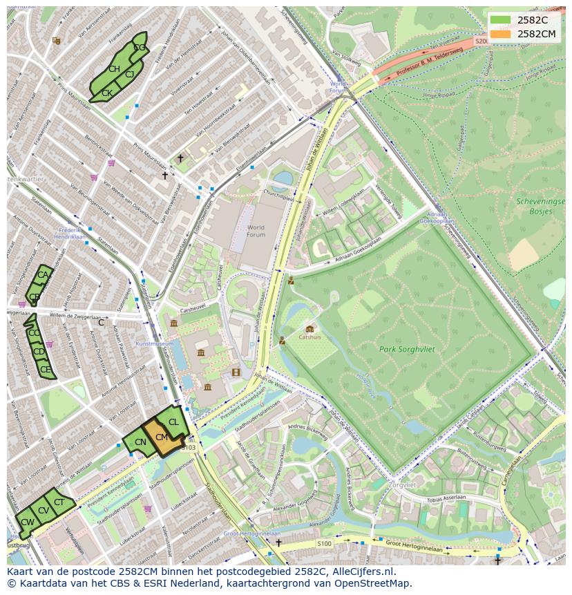 Afbeelding van het postcodegebied 2582 CM op de kaart.