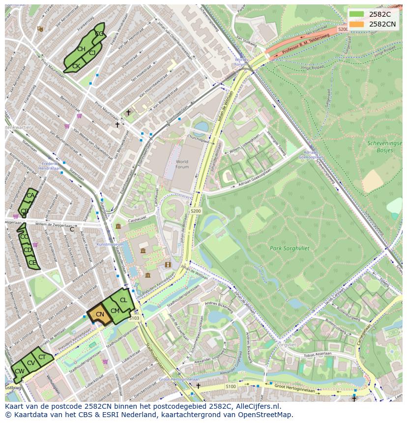 Afbeelding van het postcodegebied 2582 CN op de kaart.