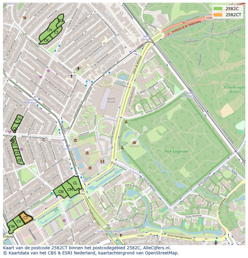 Afbeelding van het postcodegebied 2582 CT op de kaart.