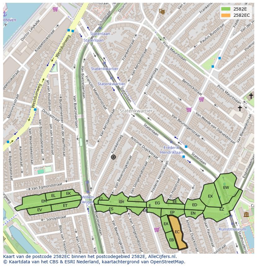 Afbeelding van het postcodegebied 2582 EC op de kaart.