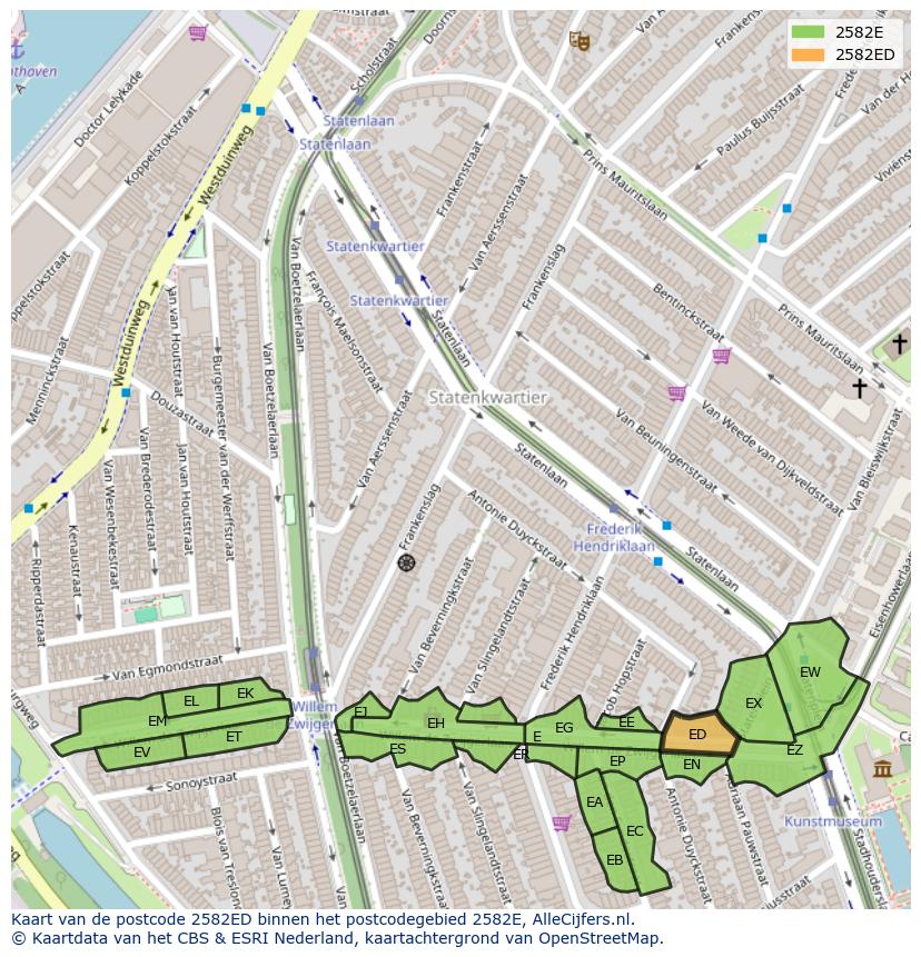 Afbeelding van het postcodegebied 2582 ED op de kaart.