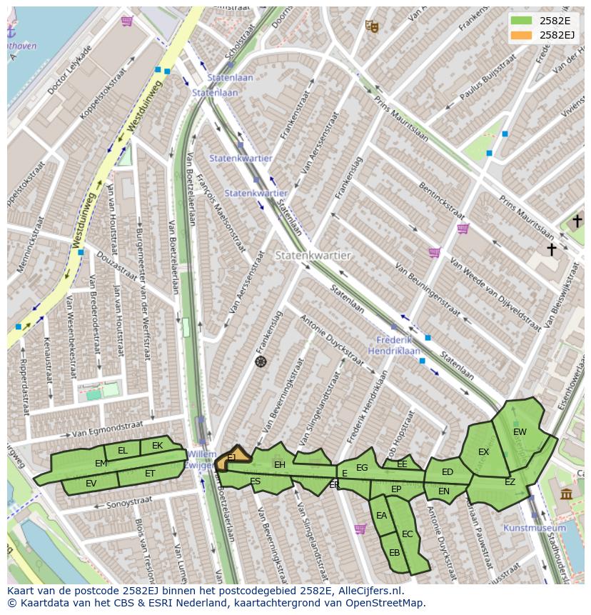 Afbeelding van het postcodegebied 2582 EJ op de kaart.