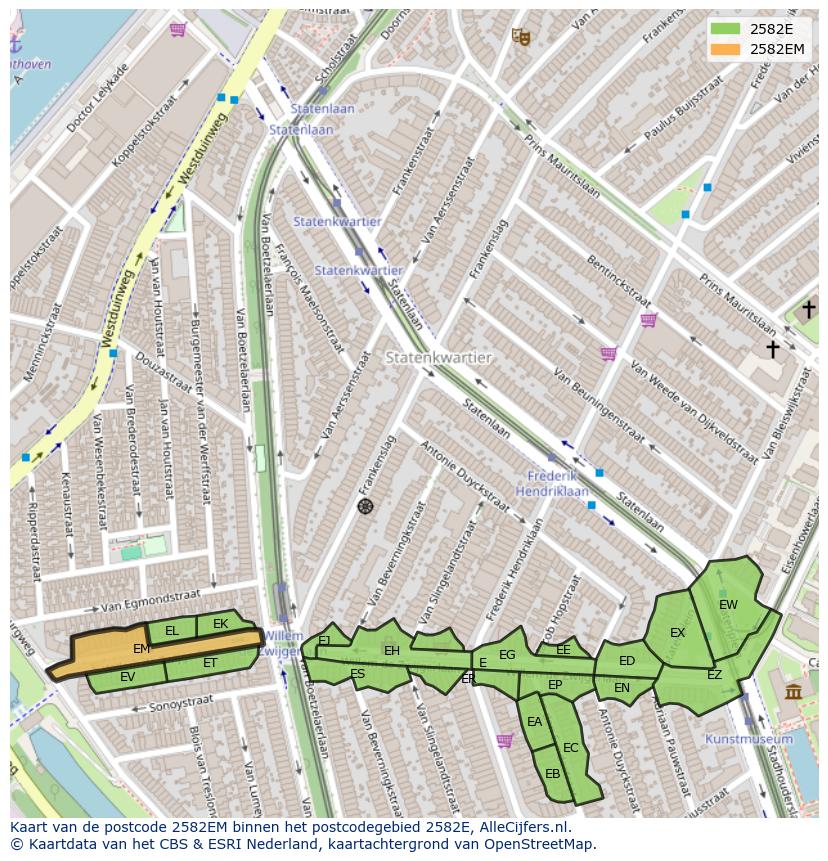 Afbeelding van het postcodegebied 2582 EM op de kaart.