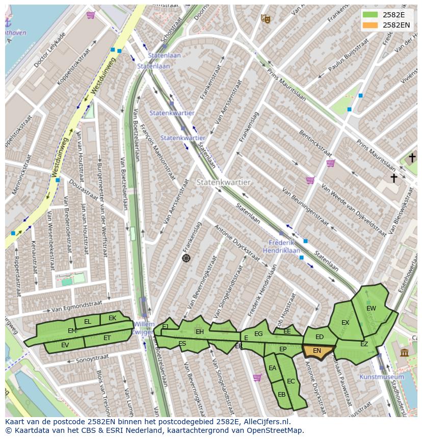 Afbeelding van het postcodegebied 2582 EN op de kaart.