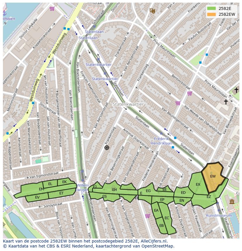 Afbeelding van het postcodegebied 2582 EW op de kaart.