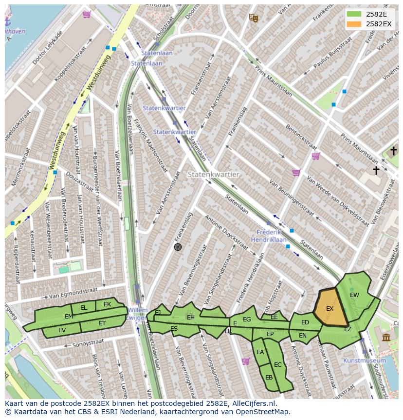 Afbeelding van het postcodegebied 2582 EX op de kaart.