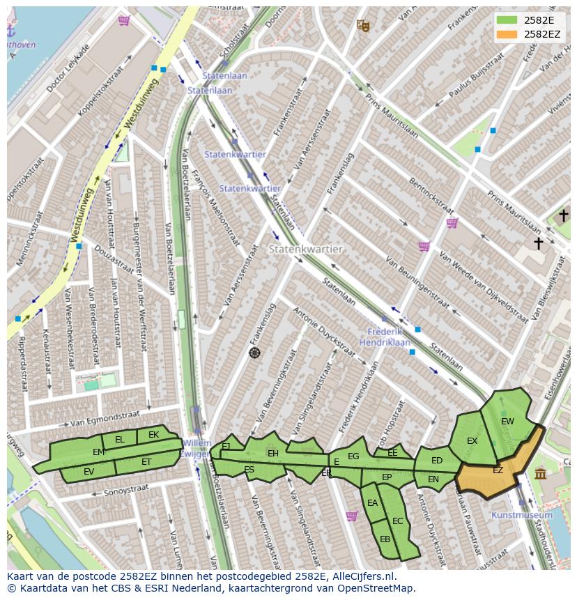 Afbeelding van het postcodegebied 2582 EZ op de kaart.