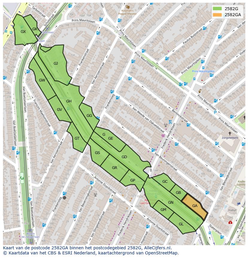 Afbeelding van het postcodegebied 2582 GA op de kaart.
