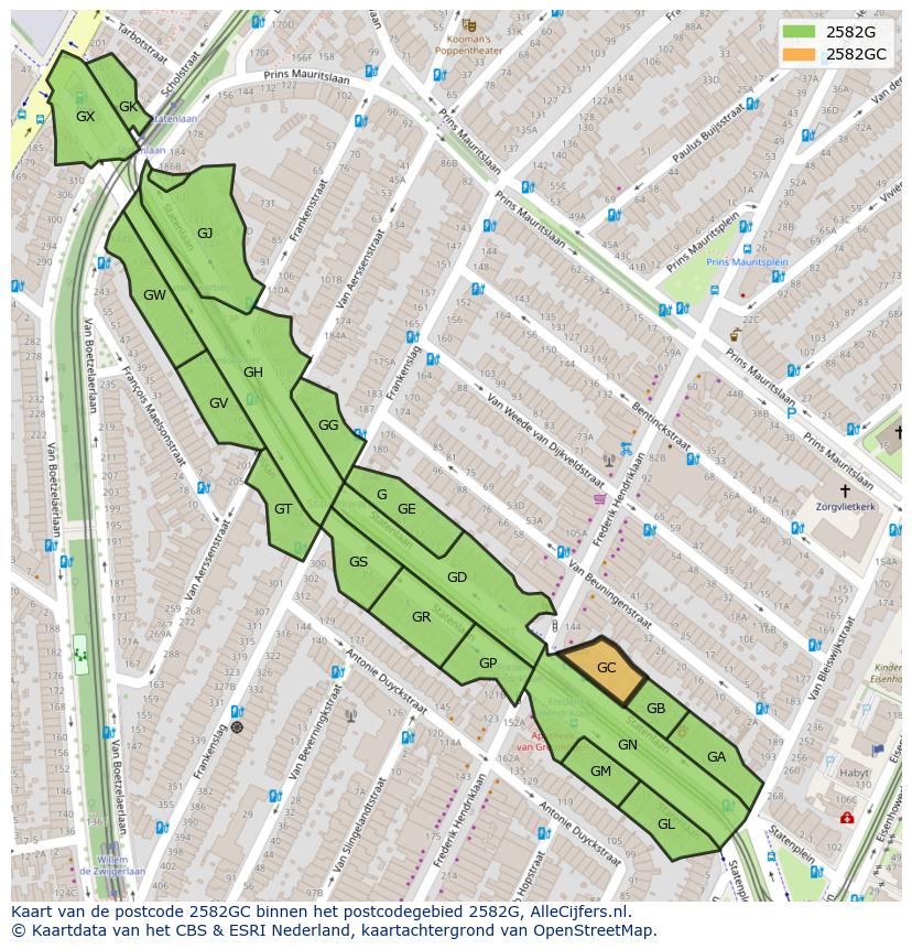 Afbeelding van het postcodegebied 2582 GC op de kaart.