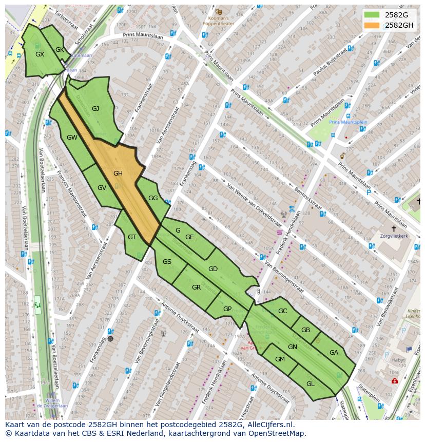 Afbeelding van het postcodegebied 2582 GH op de kaart.
