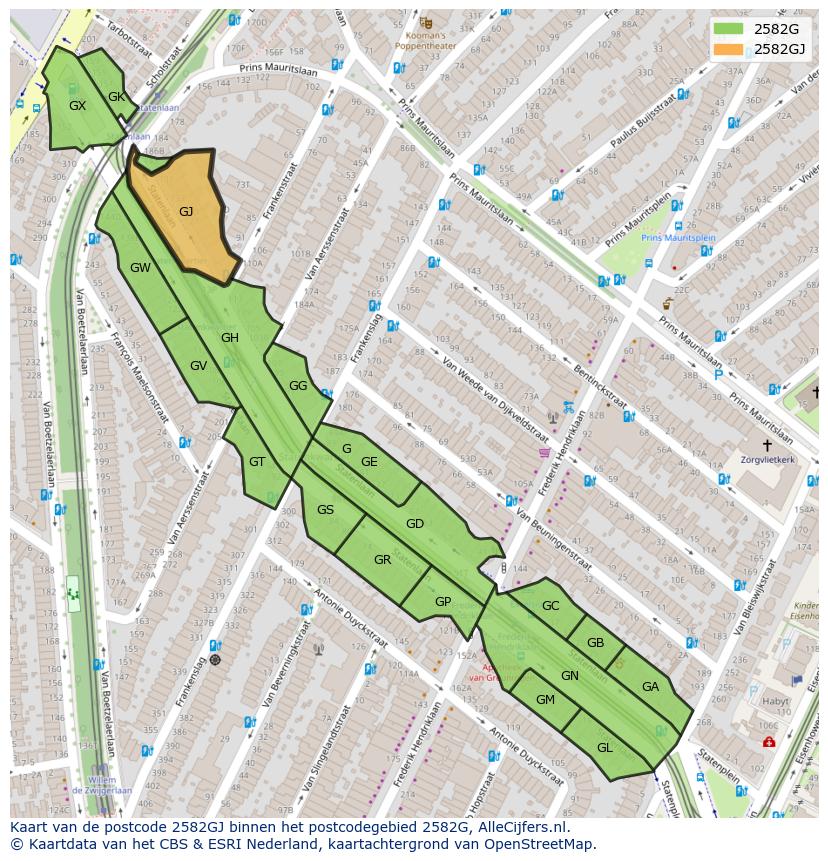 Afbeelding van het postcodegebied 2582 GJ op de kaart.