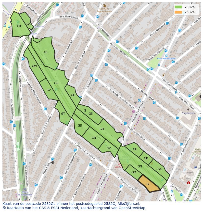 Afbeelding van het postcodegebied 2582 GL op de kaart.