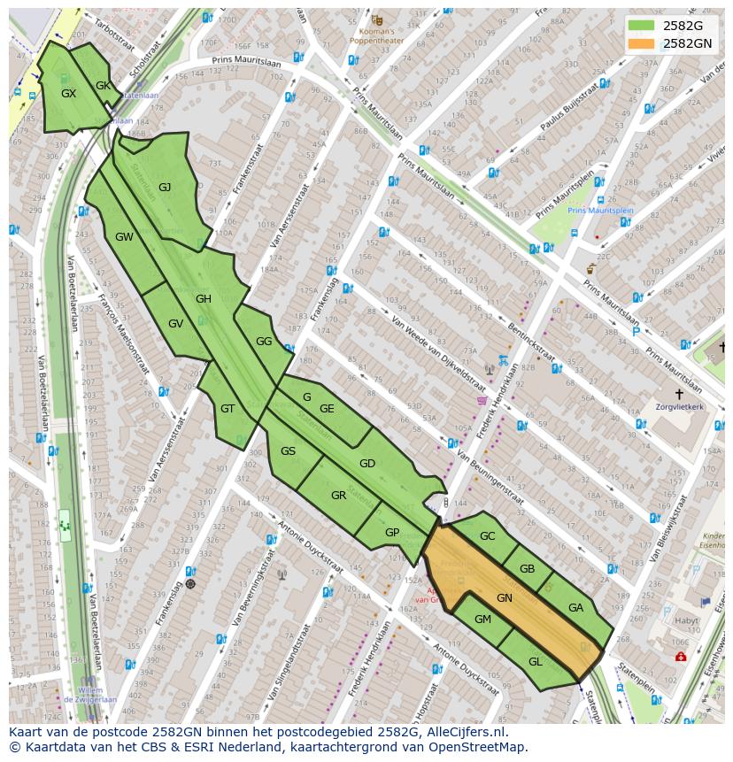 Afbeelding van het postcodegebied 2582 GN op de kaart.