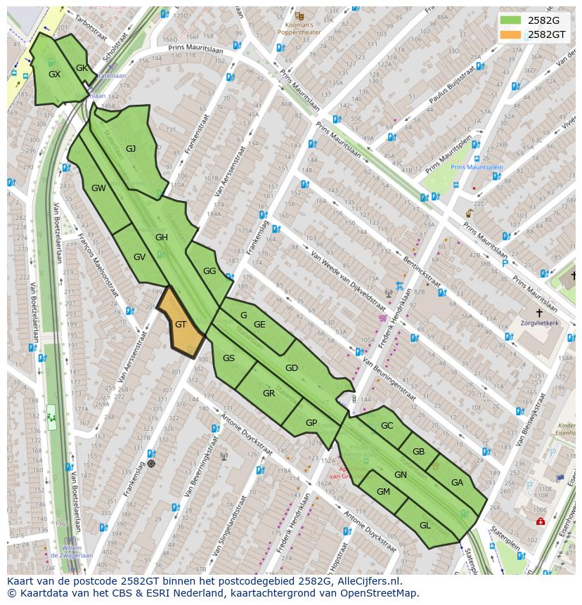 Afbeelding van het postcodegebied 2582 GT op de kaart.