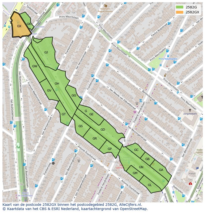 Afbeelding van het postcodegebied 2582 GX op de kaart.