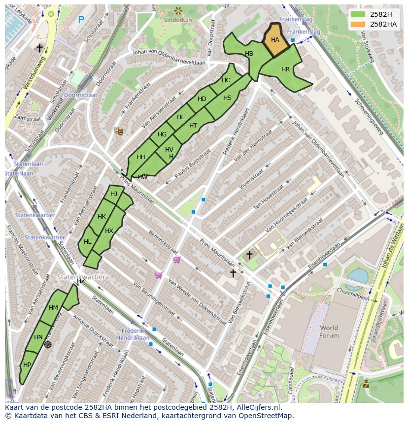 Afbeelding van het postcodegebied 2582 HA op de kaart.