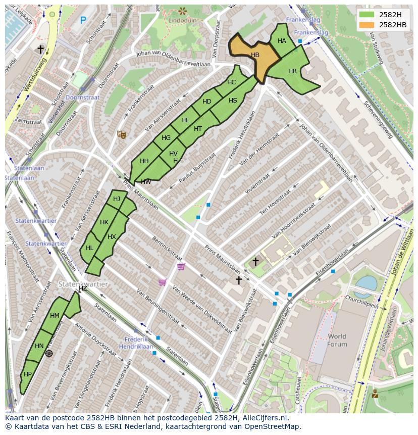 Afbeelding van het postcodegebied 2582 HB op de kaart.