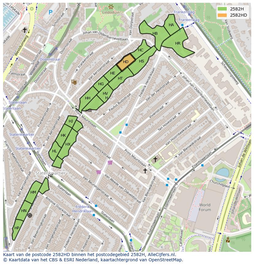 Afbeelding van het postcodegebied 2582 HD op de kaart.