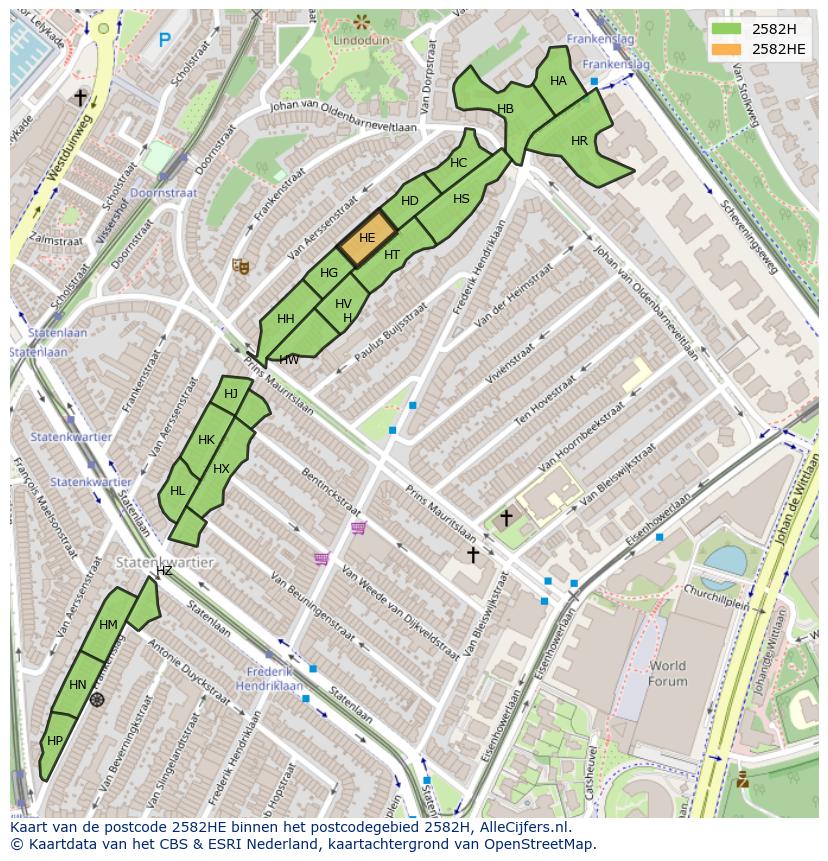 Afbeelding van het postcodegebied 2582 HE op de kaart.