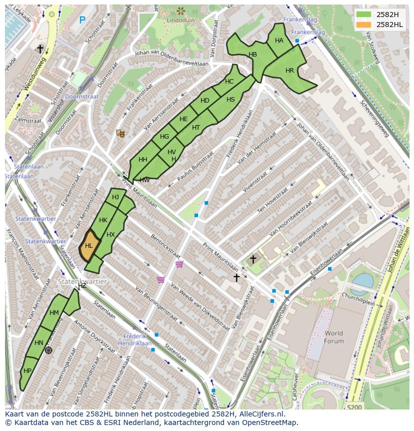 Afbeelding van het postcodegebied 2582 HL op de kaart.