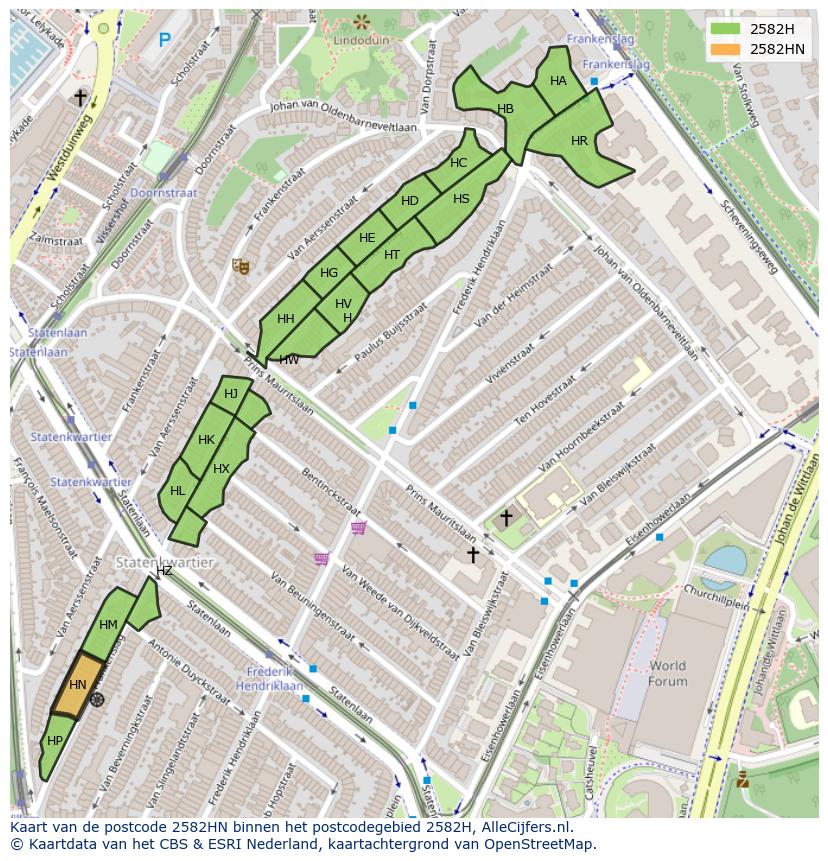 Afbeelding van het postcodegebied 2582 HN op de kaart.